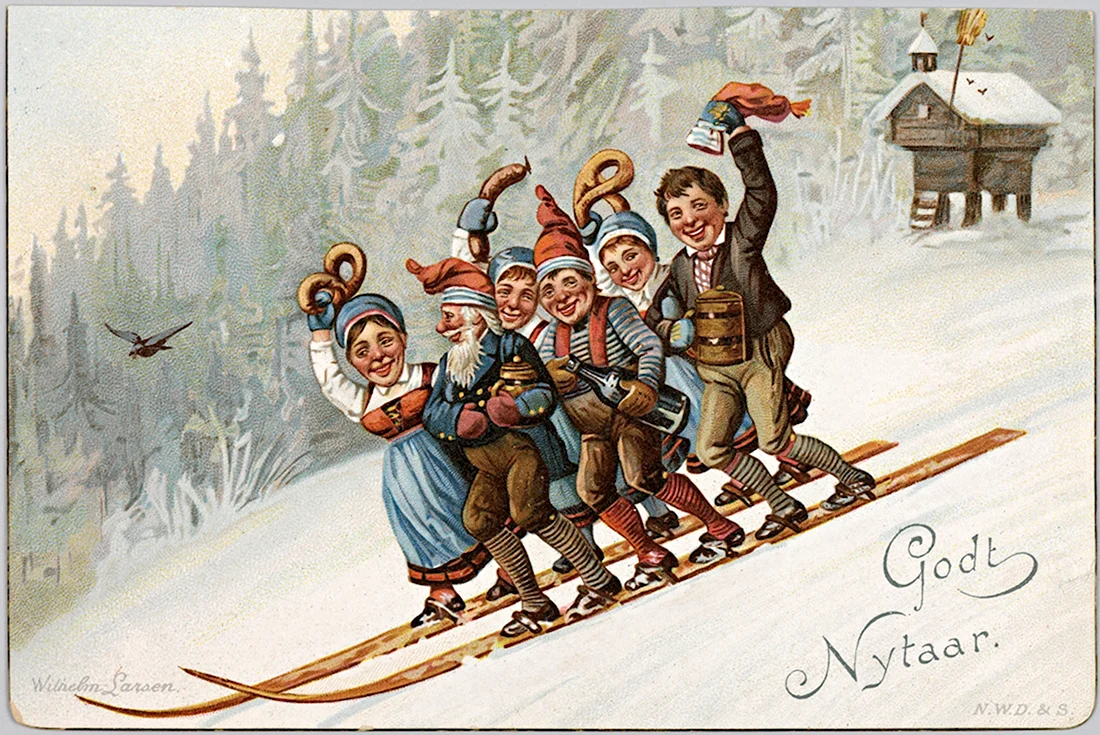 Новогодняя открытка с лыжами