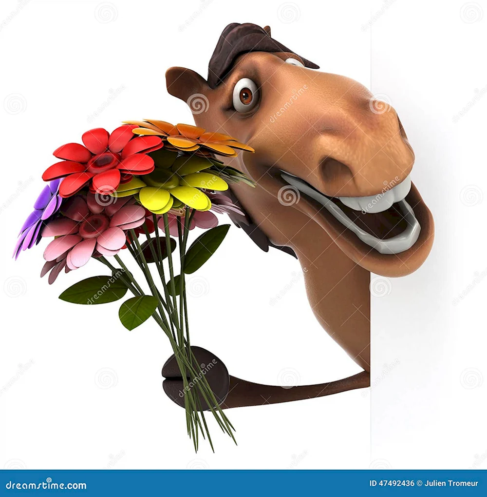 Лошадь с цветами в зубах