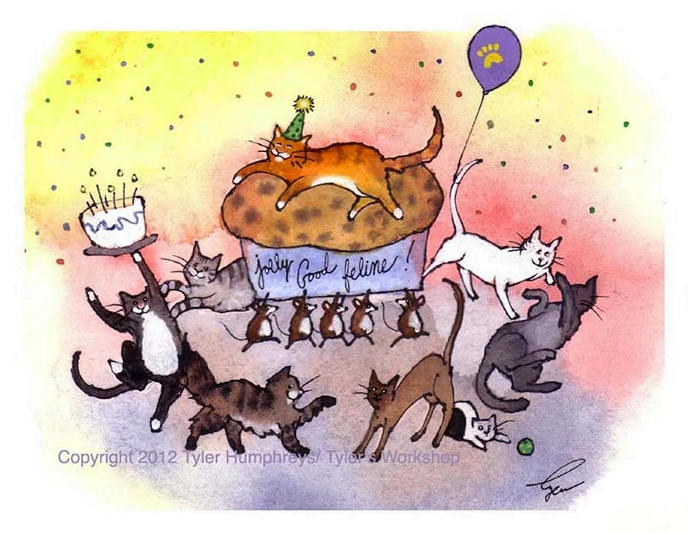 Поздравительная открытка с днем рождения веселый кот