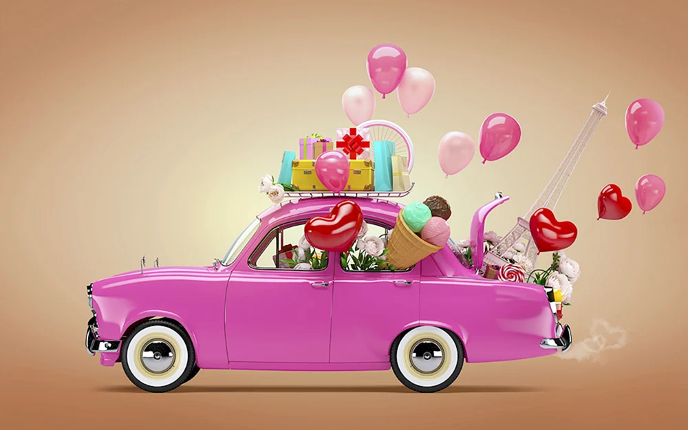 Розовая машинка с подарком