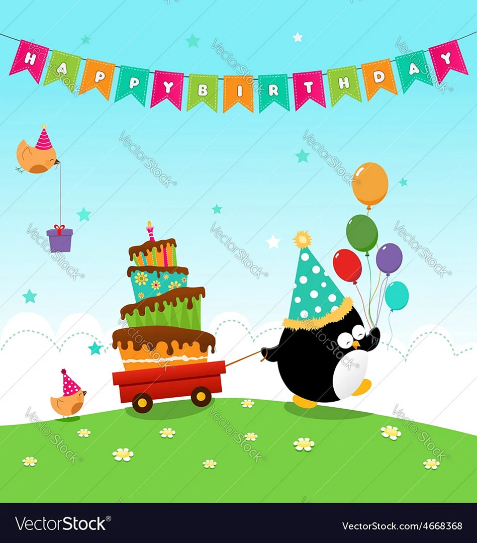 Вертикальная открытка с днем рождения пингвины